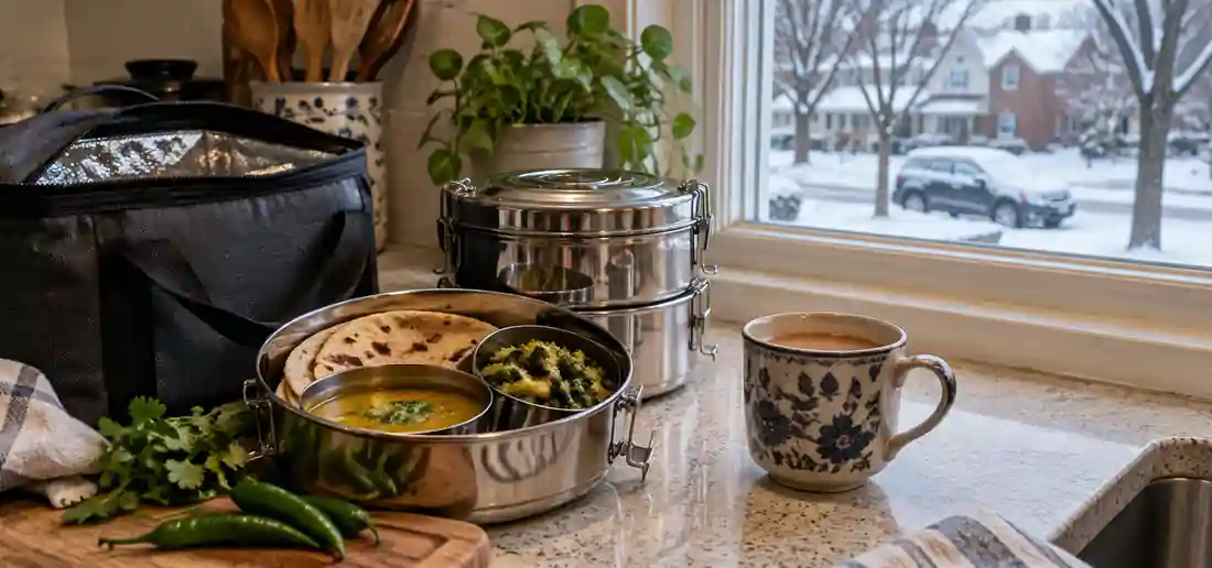 Open steel Indian tiffin with roti, dal and sabzi beside an insulated delivery bag and a mug of chai on a kitchen counter, with a snowy Canadian street through the window
